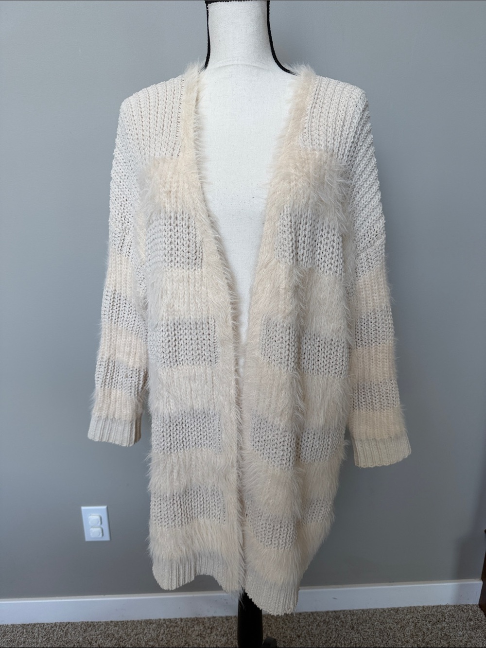 Soft Cream Open-Front Fuzzy Stripe Women's Sweater